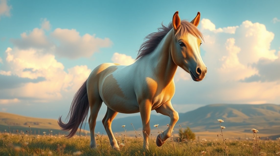 Ein weißes Pferd mit braunen Flecken läuft durch eine blühende Wiese.