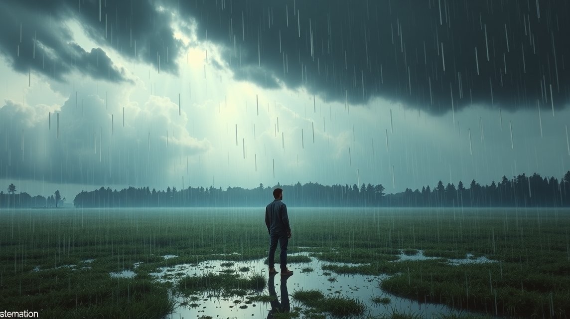 Ein Mann steht in einem regnerischen Feld unter dunklen Wolken.