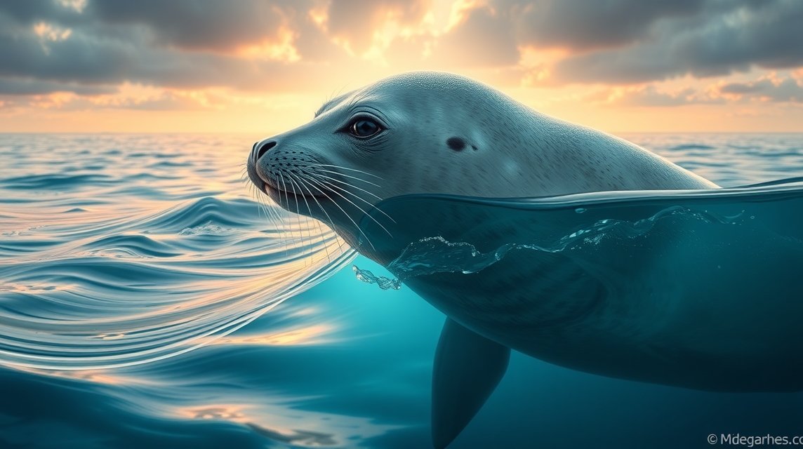 Eine Seehund, der an der Wasseroberfläche schwimmt, mit sanften Wellen und einem Sonnenuntergang im Hintergrund.