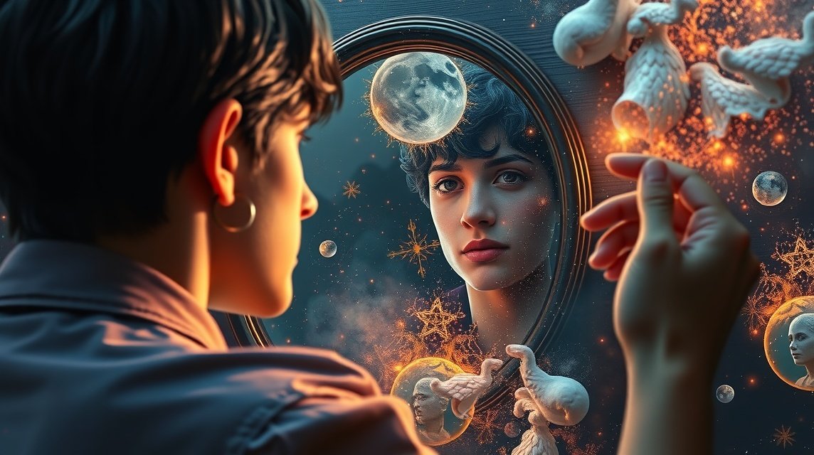 Eine Person betrachtet ihr Spiegelbild, umgeben von mystischen Elementen.