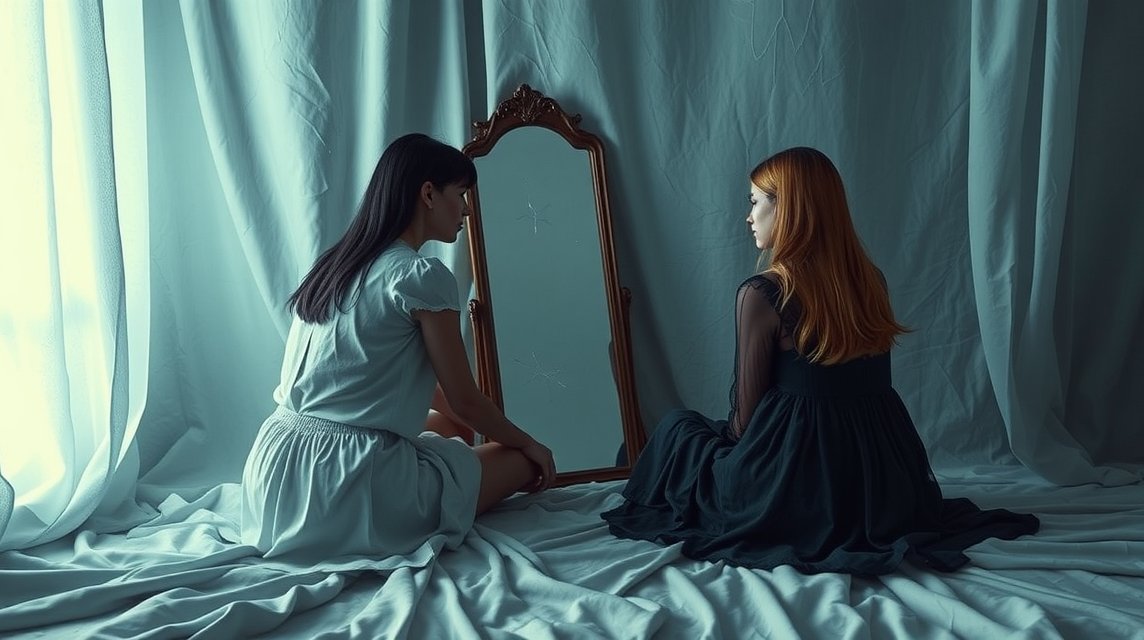 Zwei Frauen sitzen vor einem Spiegel, eine in einem weißen, die andere in einem schwarzen Kleid.
