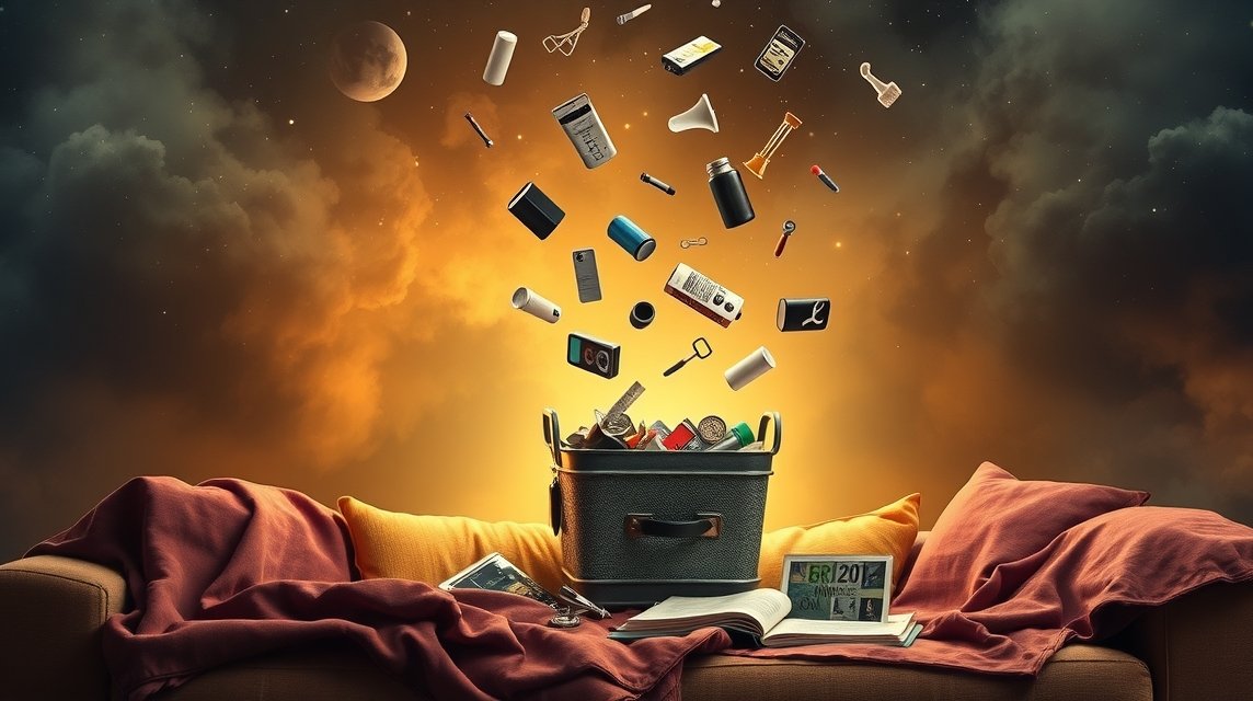 Ein schwarzer Behälter voller Alltagsgegenstände schwebt über einem Sofa.