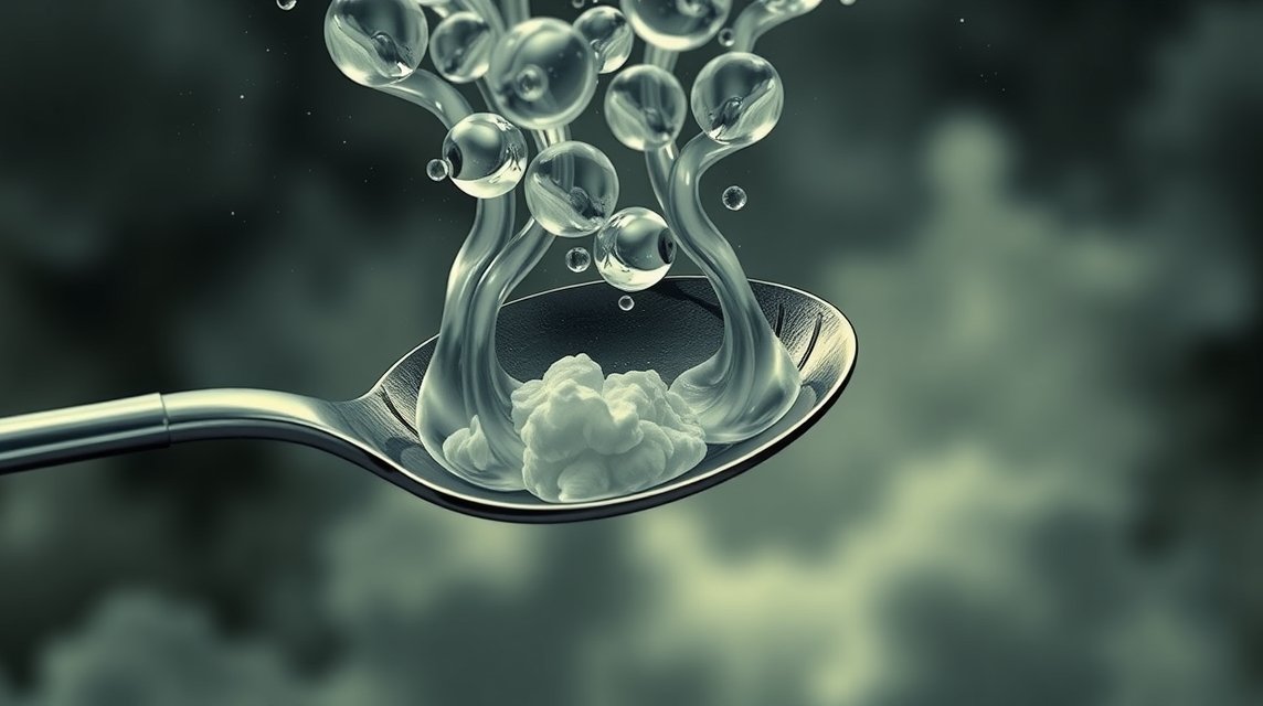 Ein Löffel mit schwebenden Blasen und einer wolkenartigen Substanz.