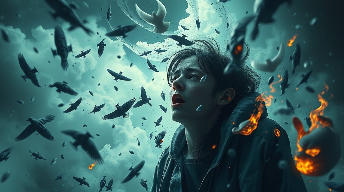 Eine Person schaut erschrocken in den Himmel, umgeben von fliegenden Vögeln und mystischen Elementen.