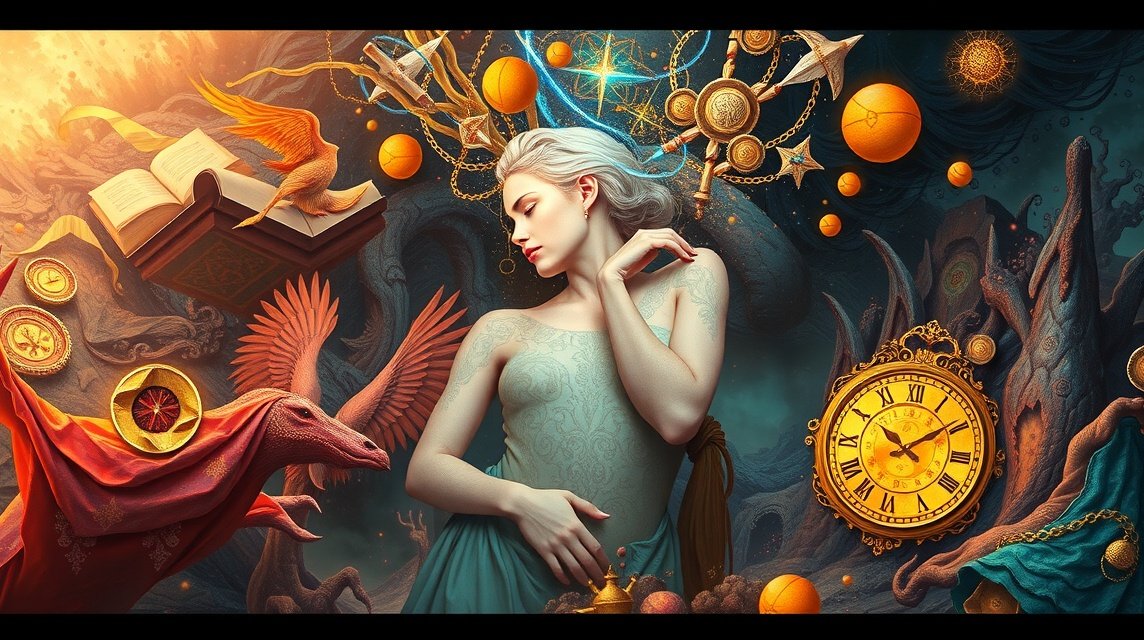 Eine Frau mit silbernem Haar, umgeben von mystischen Symbolen und Kreaturen.