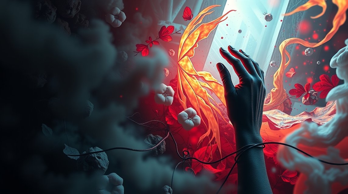 Eine Hand greift nach leuchtenden, roten Blättern und flammenden Elementen in einem mystischen Umfeld.