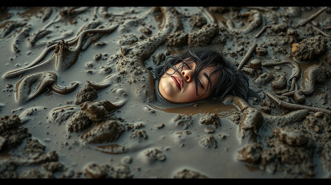 Ein Gesicht einer Person, die in schlammigem Boden versinkt, mit geschlossenen Augen.
