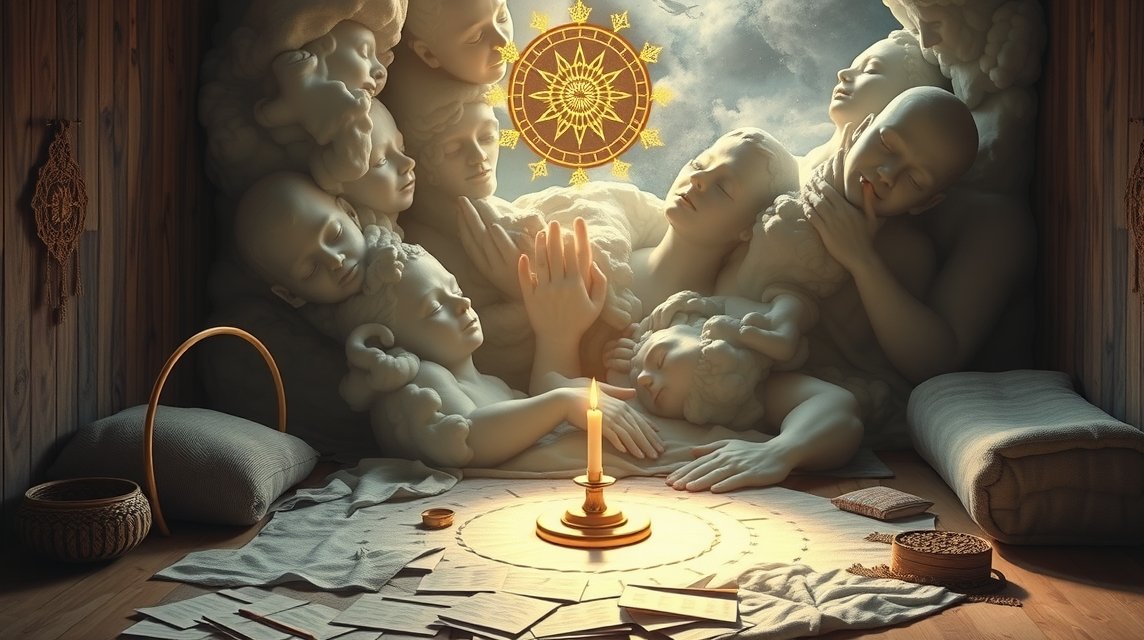 Eine künstlerische Darstellung von Köpfen und Händen, die in einem Raum mit Kerzenlicht und mystischen Symbolen angeordnet sind.