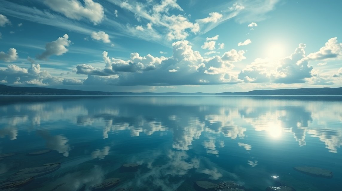 Ein ruhiger See spiegelt den Himmel mit Wolken und Sonnenstrahlen wider.