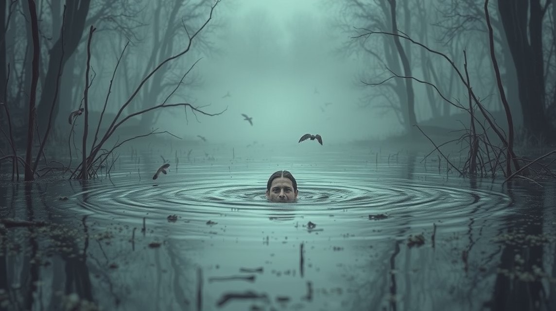 Eine Person taucht in einem nebligen Gewässer mit sanften Wellen auf.