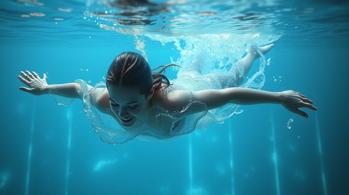 Eine Frau schwimmt mit Freude unter Wasser, umgeben von blauen Wellen.