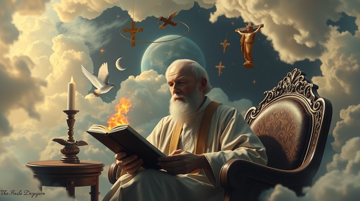 Ein weiser alter Mann mit einem langen weißen Bart liest ein Buch, umgeben von Wolken und symbolischen Objekten.