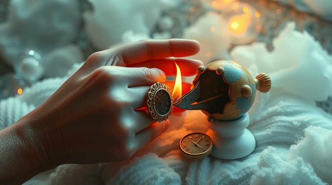 Eine Hand hält eine Uhr und berührt eine kleine Weltkugel mit einer Kerze im Hintergrund.