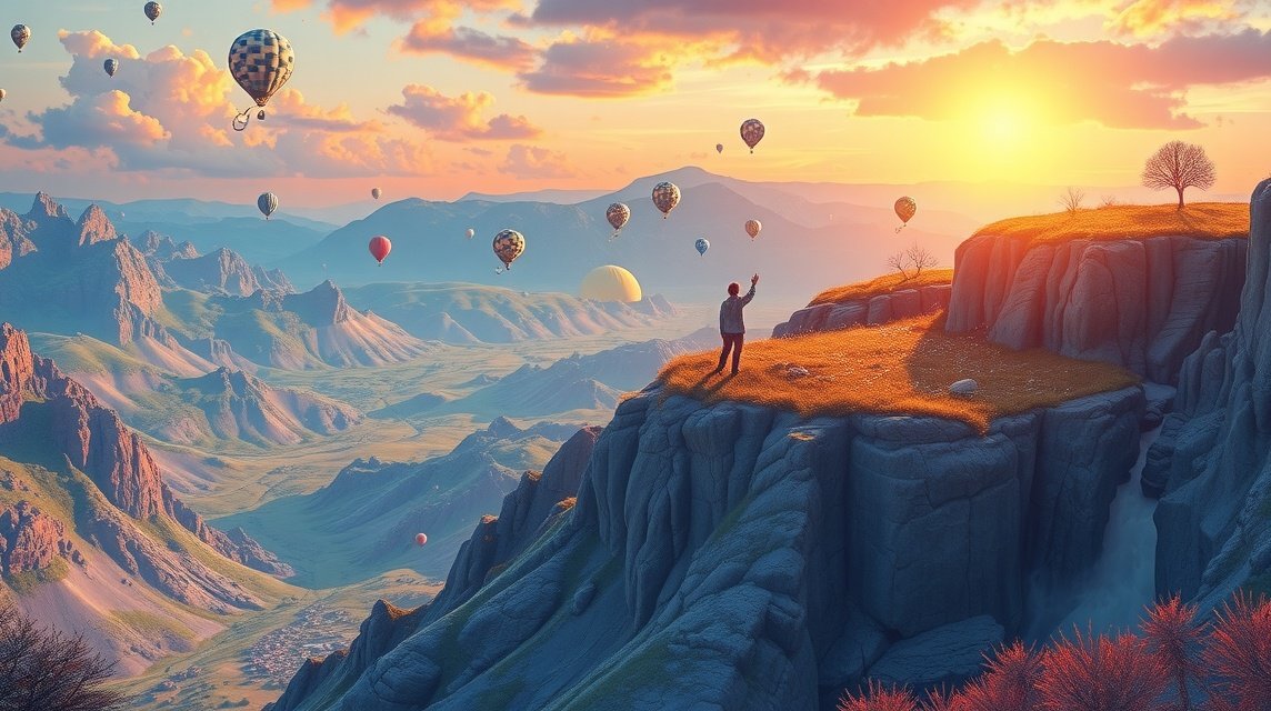 Ein Mensch steht auf einer Klippe und beobachtet Heißluftballons im Sonnenuntergang.