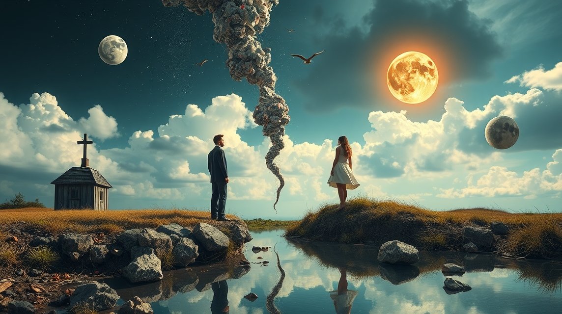 Ein Mann und eine Frau stehen sich gegenüber, umgeben von surrealen Himmelskörpern und einer mystischen Wolke.