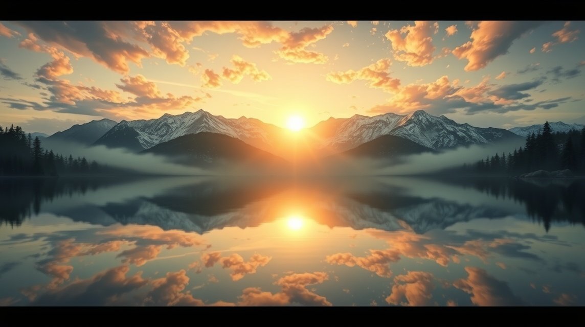 Ein atemberaubender Sonnenaufgang über einem ruhigen Bergsee mit reflektierenden Bergen.