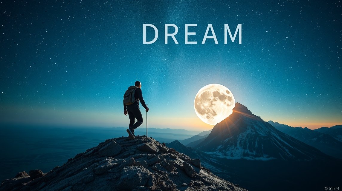 Ein Wanderer steht auf einem Berggipfel und blickt auf den Mond.