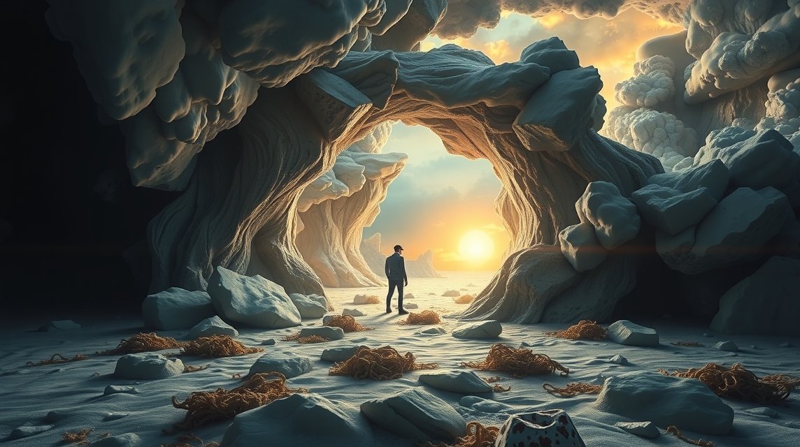 Eine Person steht in einer surrealen Höhle mit einem Sonnenuntergang im Hintergrund.