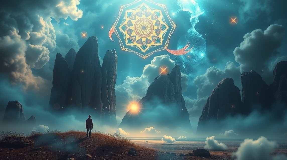 Ein Mensch steht vor majestätischen Bergen unter einem traumhaften Himmel.