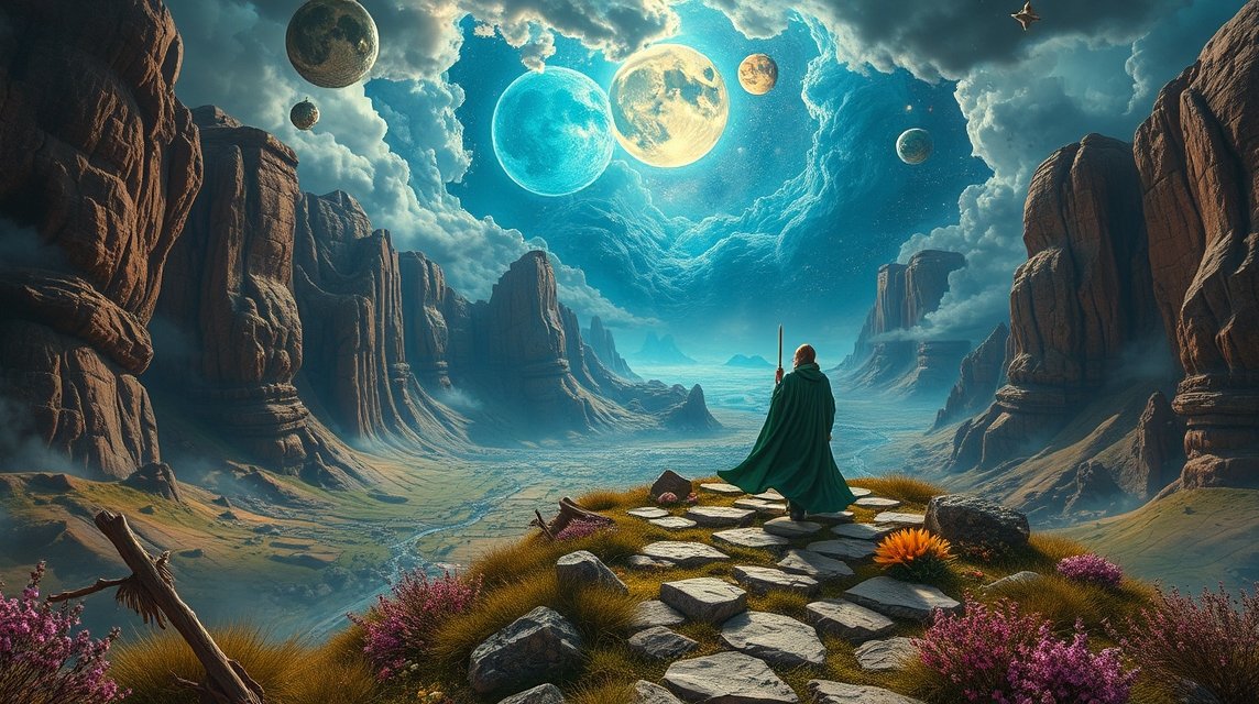 Ein mystischer Wanderer steht auf einem Pfad in einer fantastischen Landschaft mit Planeten im Himmel.