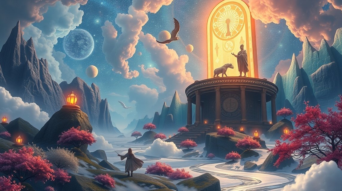 Eine mystische Landschaft mit Bergen, einem Tempel und einer Frau, die in den Himmel schaut.