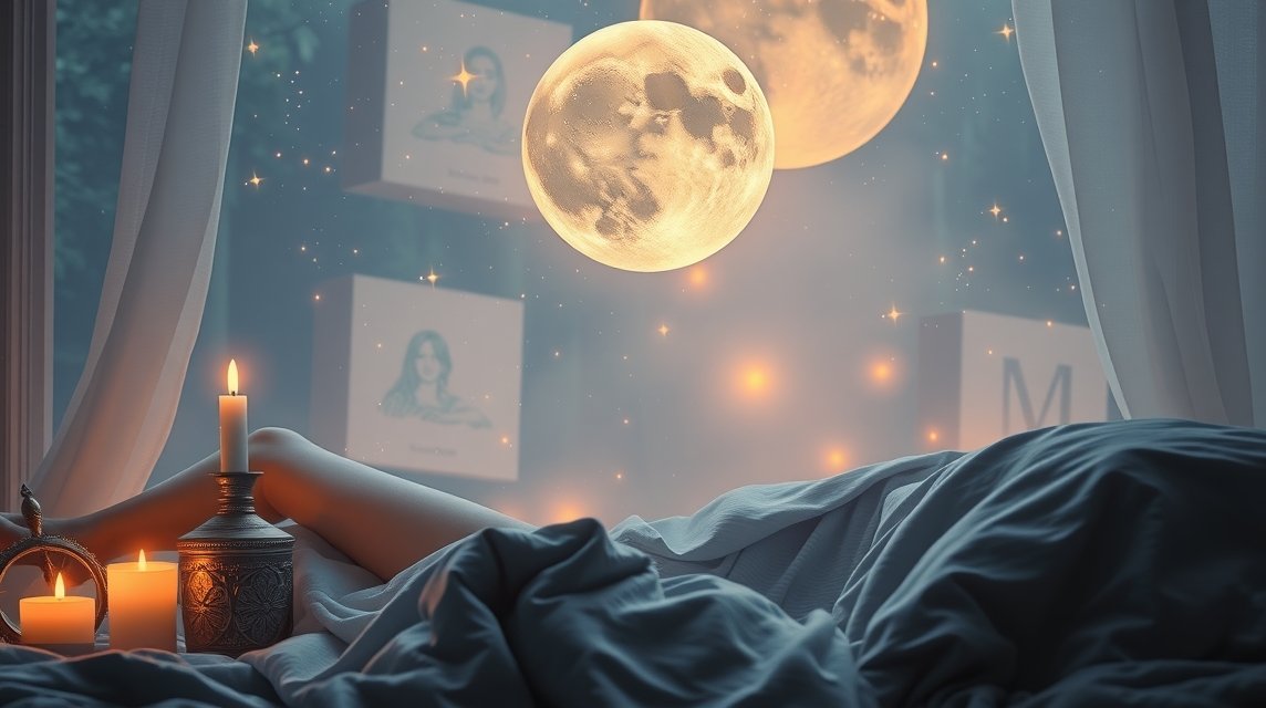 Eine Person liegt im Bett, umgeben von Kerzen und einem Fenster mit zwei großen Monden.