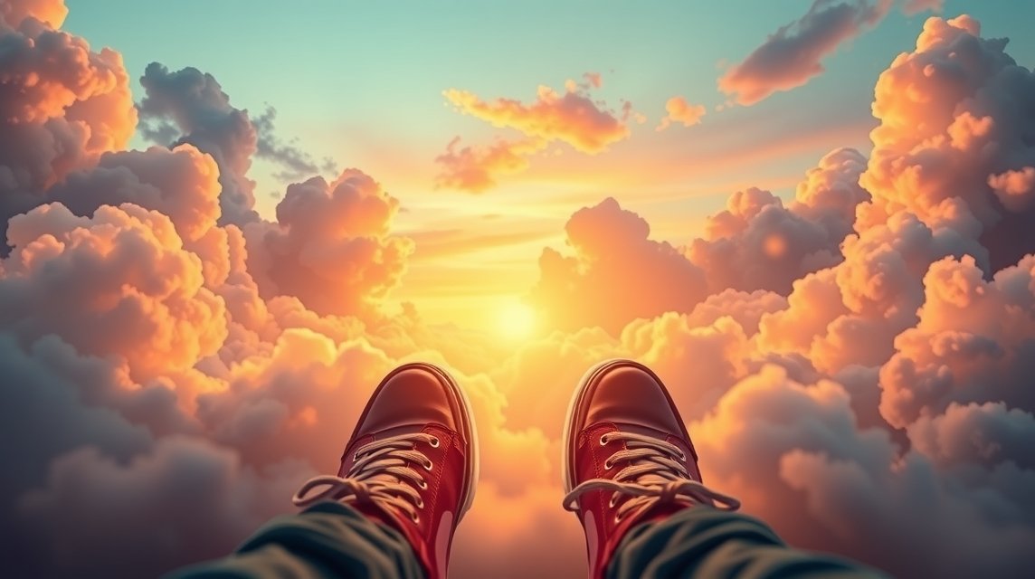 Ein Paar rote Sneakers schwebt über bunten Wolken bei Sonnenuntergang.