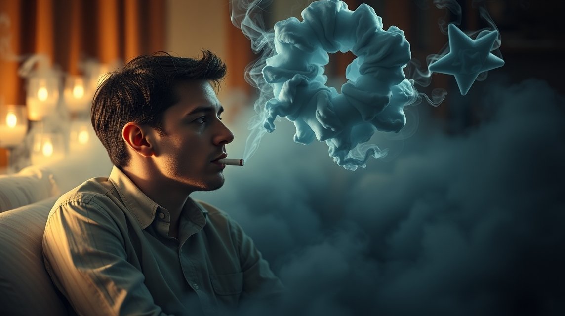 Ein Mann sitzt nachdenklich mit einer Zigarette, umgeben von Rauch und mystischen Formen.