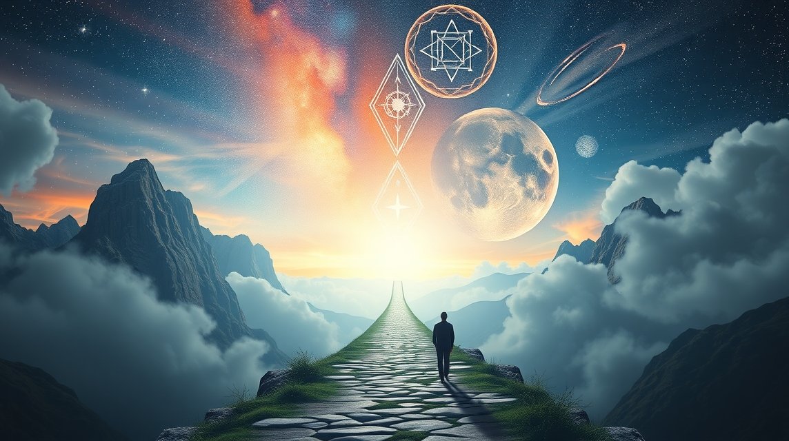Ein einsamer Wanderer auf einem Weg, der in eine mystische Landschaft führt, umgeben von Sternen und Symbolen.