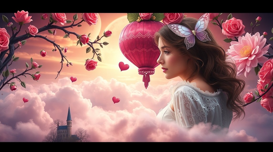 Eine nachdenkliche Frau mit Blumen und einem Heißluftballon im Hintergrund.