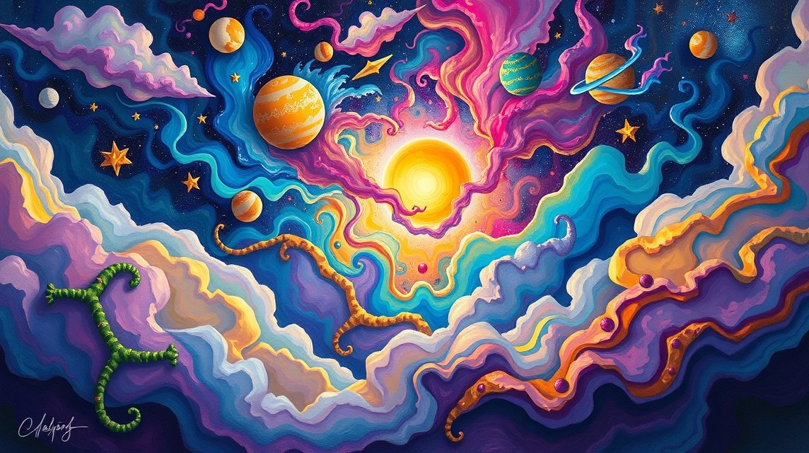 Ein farbenfrohes, traumhaftes Universum mit Planeten und Wolken.