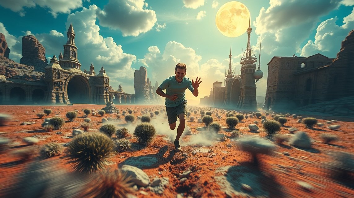 Ein Mann läuft durch eine surrealistische Wüstenlandschaft mit alten Ruinen.