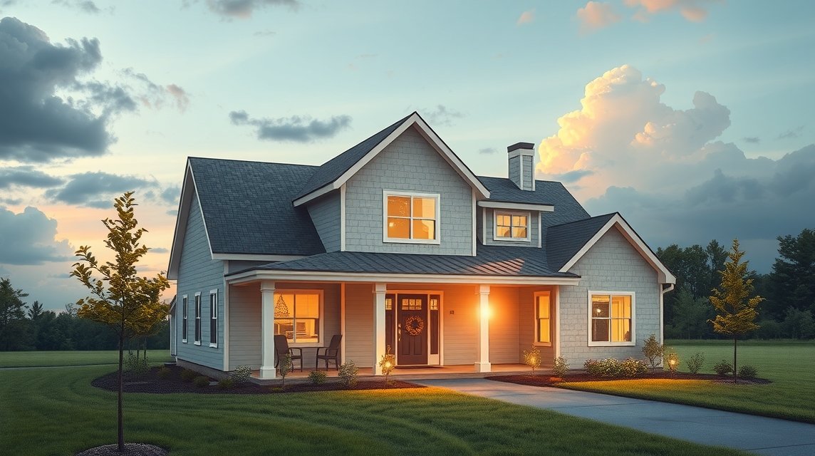 Ein modernes Haus mit einem einladenden Eingangsbereich und warmem Licht.