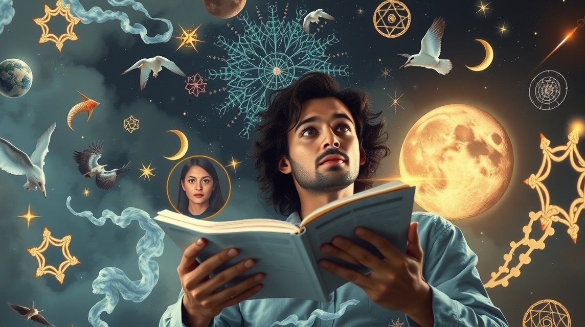 Ein Mann liest ein Buch, umgeben von Traumsymbolen und mystischen Elementen.
