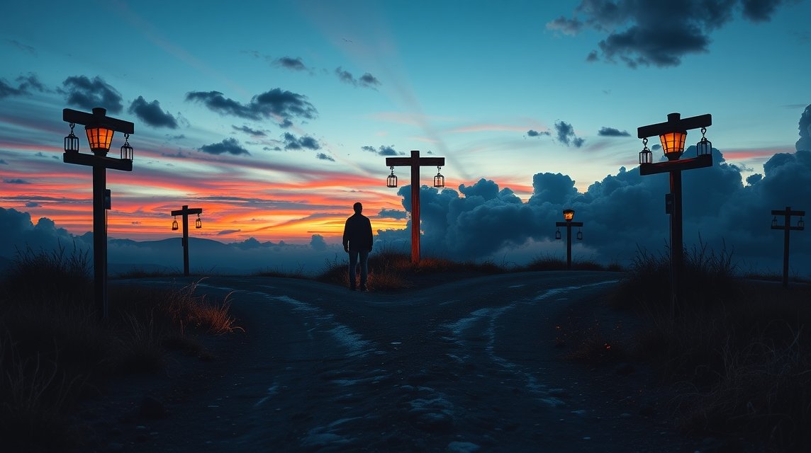 Eine Person steht an einer Weggabelung unter einem farbenfrohen Himmel.
