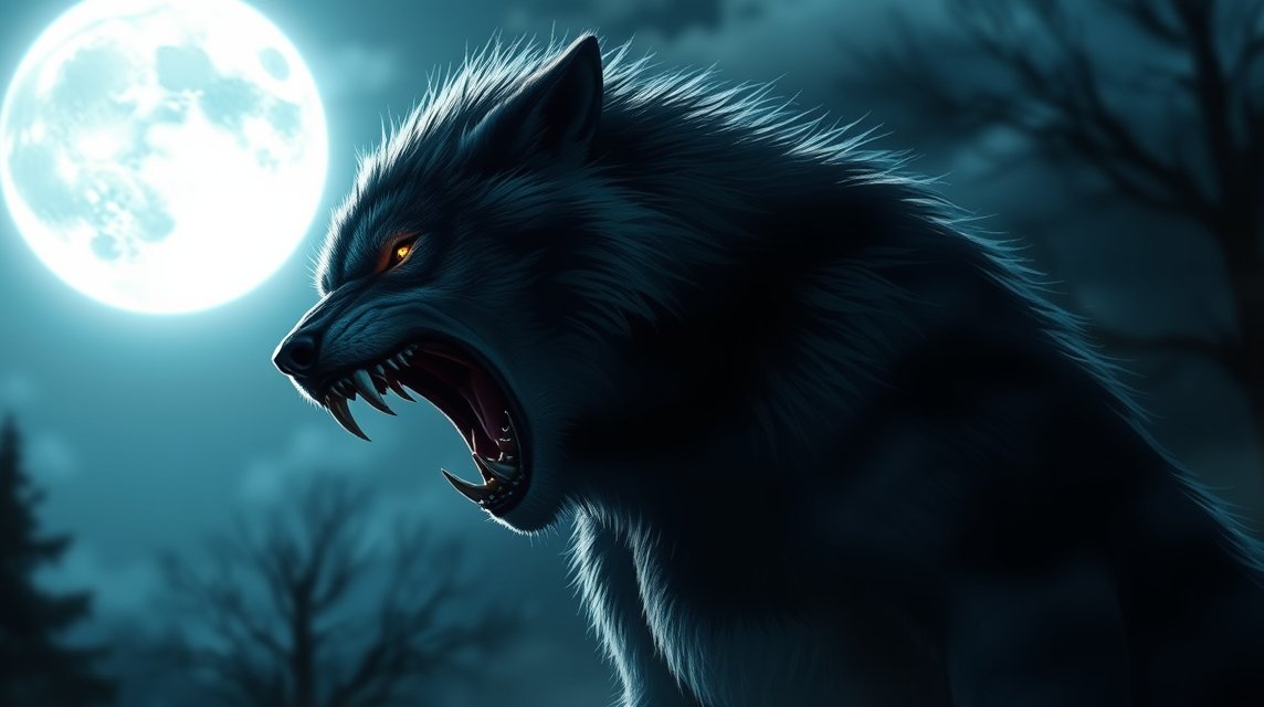 Ein heulender Wolf vor einem vollen Mond in einer dunklen, mystischen Umgebung.