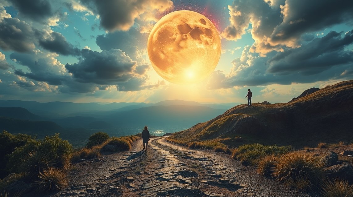 Eine Person steht auf einem Hügel, während eine große, leuchtende Mondscheibe am Himmel steht.
