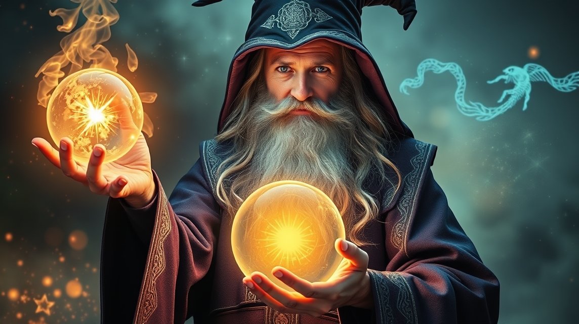 Ein weiser Zauberer hält zwei leuchtende Kristallkugeln in seinen Händen.