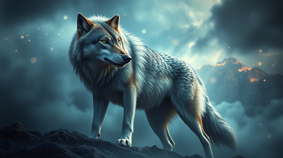 Ein majestätischer Wolf steht auf einem Felsen, umgeben von mystischer Atmosphäre.