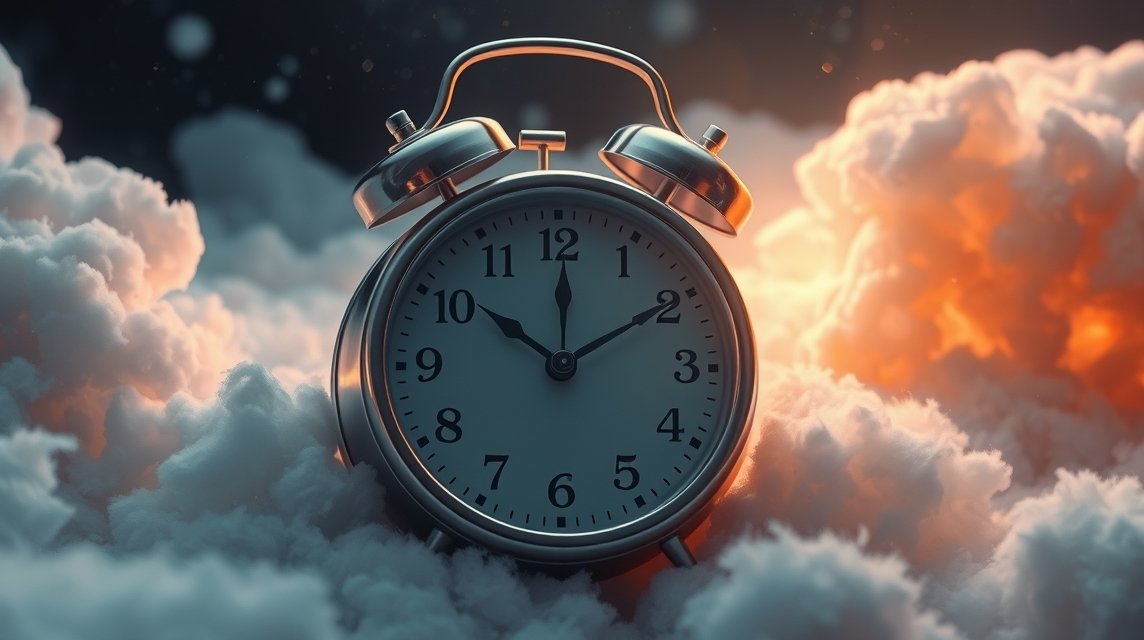 Eine silberne Weckeruhr steht auf einer Wolke, umgeben von sanften Nebelschwaden.