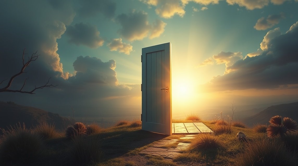 Eine offene Tür, die ins Licht führt, umgeben von einer malerischen Landschaft.