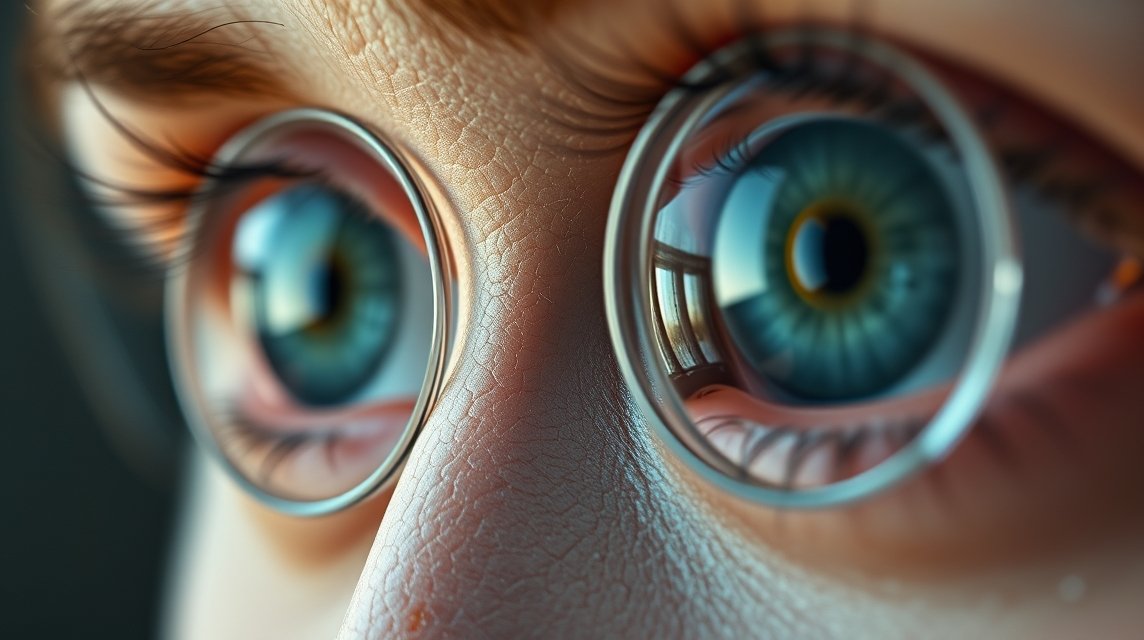 Nahaufnahme eines Auges mit einer klaren Linse, die Details reflektiert.