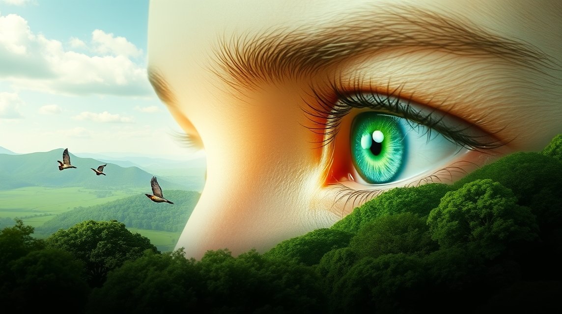 Ein naher Blick auf ein Auge mit leuchtend grüner Iris und Landschaft im Hintergrund.