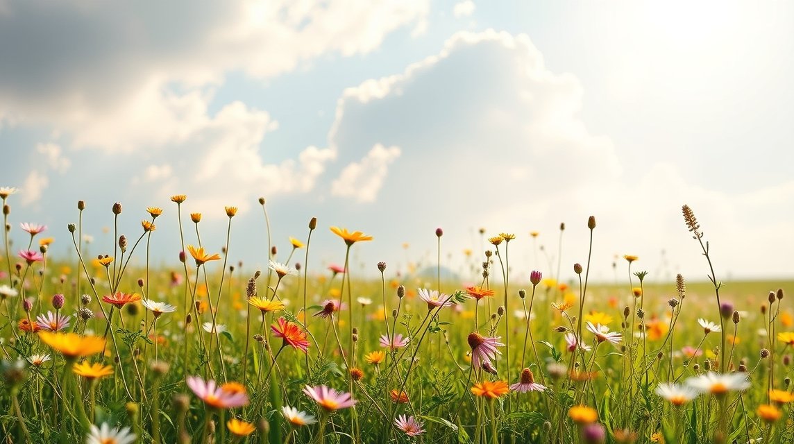 Bunte Blumenwiese mit verschiedenen Blumenarten unter einem blauen Himmel.