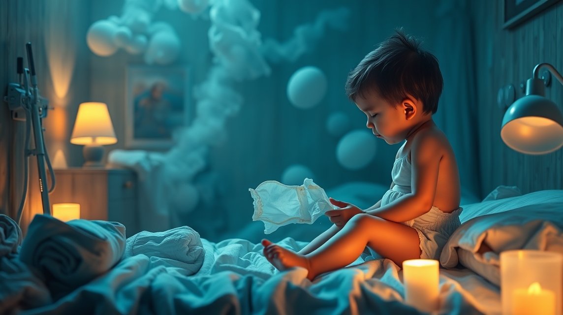 Ein kleines Kind sitzt im Bett und betrachtet ein Stück Stoff in sanftem Licht.