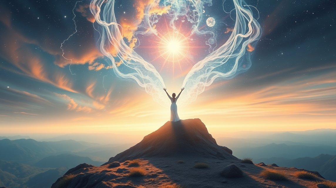 Eine Frau steht auf einem Berggipfel und breitet ihre Arme aus, um das Licht der Sonne zu empfangen.