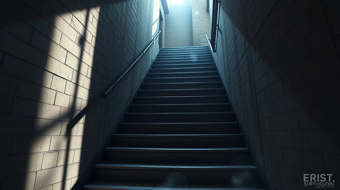 Eine Treppe, die in einen hellen Raum führt, mit Schatten an den Wänden.