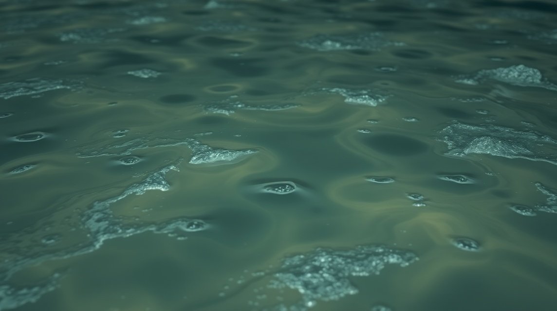 Eine ruhige Wasseroberfläche mit sanften Wellen und Lichtreflexionen.