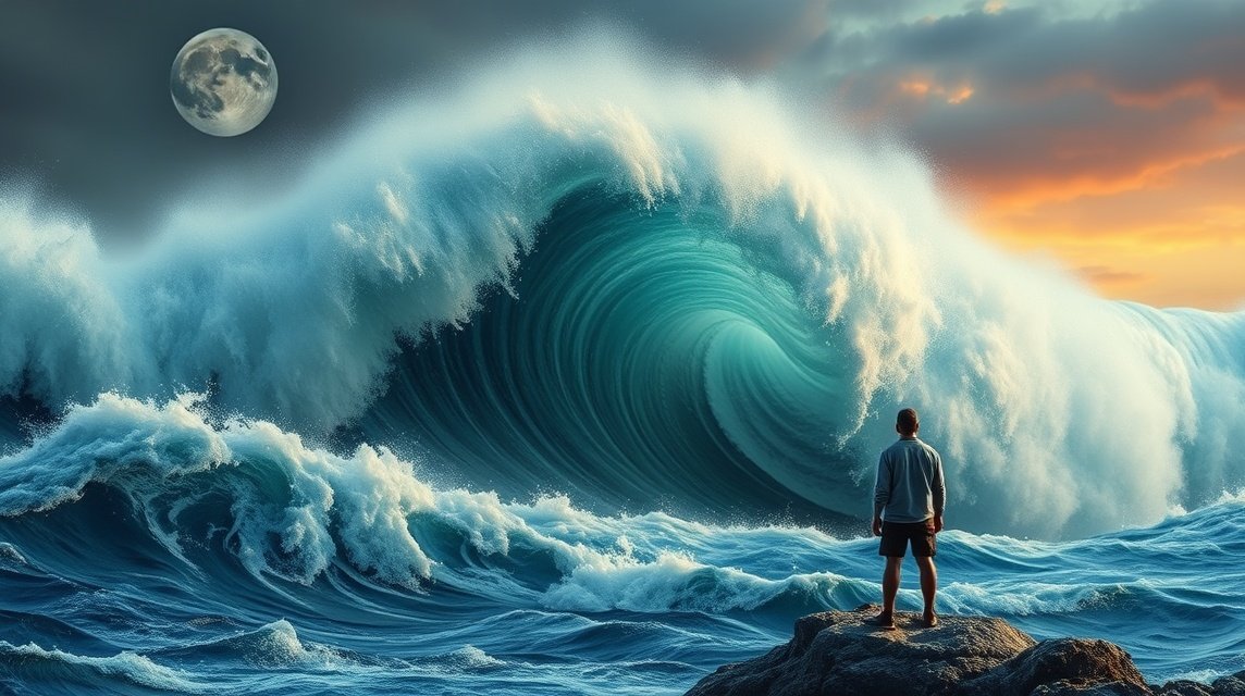 Ein Mensch steht auf einem Felsen und blickt auf eine riesige Welle im Ozean.