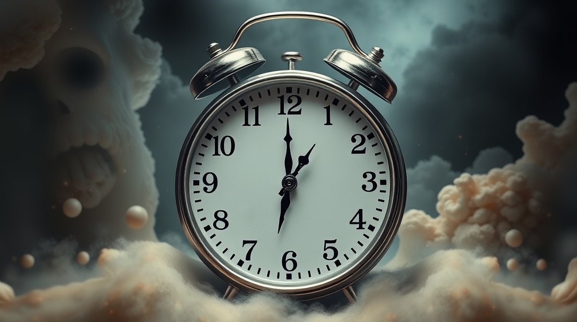 Ein Wecker steht vor einem düsteren Hintergrund mit Wolken und einem Schädel.